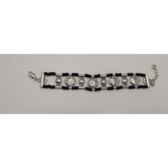 Brighton Silver Tone Black Bead Bracelet Adjustable Length Unique Design - Picture 2 of 10